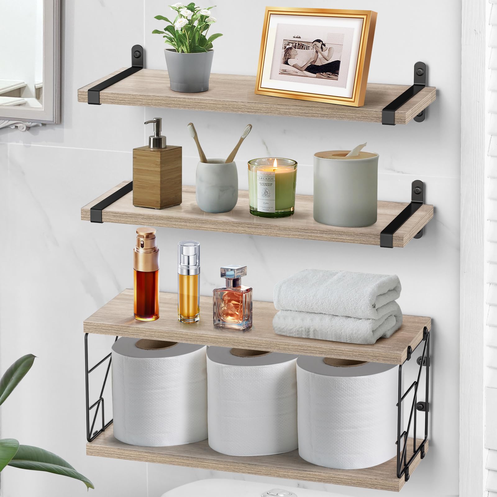 TJ.MOREE Bathroom Shelves Over Toilet Floating Shelves for Wall Rustic with Toilet Paper Wire Basket, Farmhouse Floating Shelf for Bedroom, Living Room, Kitchen, Wall Decoration (Ivory Brown) - WoodArtSupply