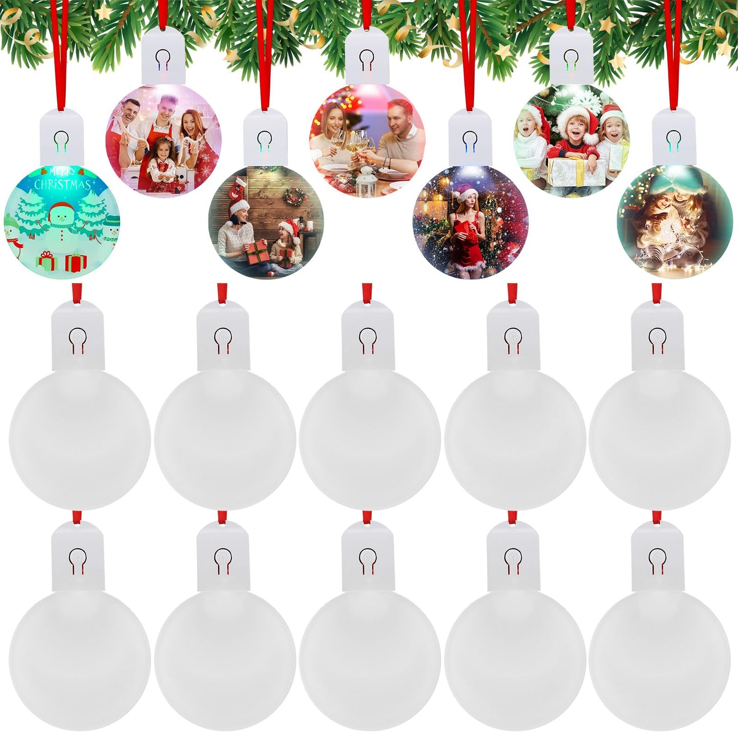 Halloscume 10 Pcs Light up Christmas Sublimation Ornament Blanks with Light Acrylic Blanks LED Ornaments Bulk for Xmas Tree DIY Handmade Crafts Christmas Party Decorations Supplies (Round)