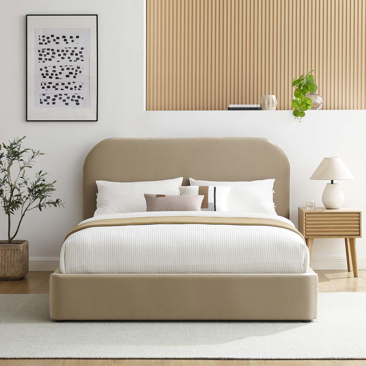 Modway Keynote Modern King Size Bed Frame with Curve Shaped Headboard in Taupe, Upholstered Performance Velvet King Platform Bed, Soft Cloud Bed Frame, No Box Spring Needed Modway