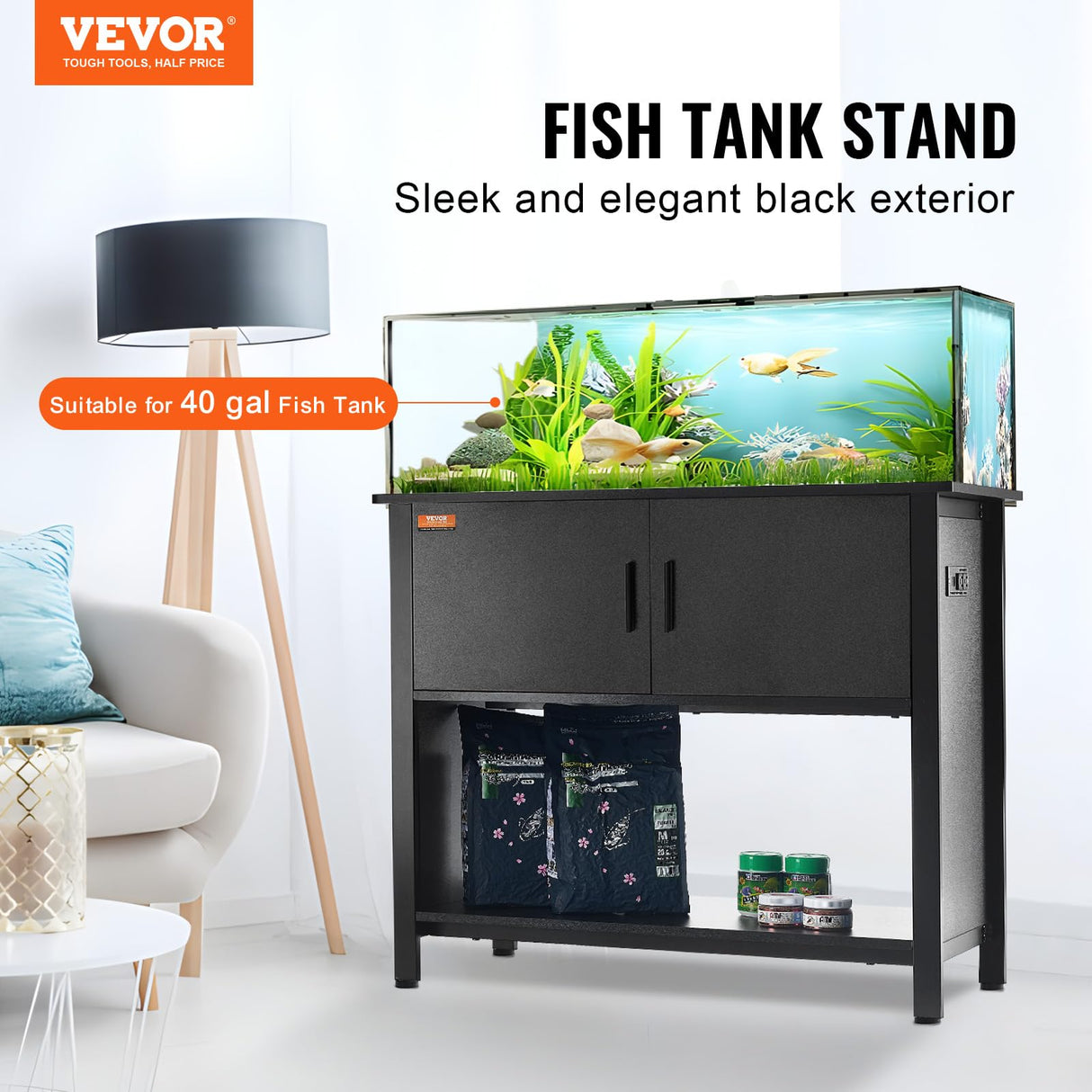 VEVOR Aquarium Stand, 40 Gallon Fish Tank Stand, 36.6 x 18.9 x 31.5 in Steel and MDF Turtle Tank Stand, 335 lbs Load Capacity, Reptile Tank Stand with Storage Cabinet and Embedded Power Panel, Black VEVOR