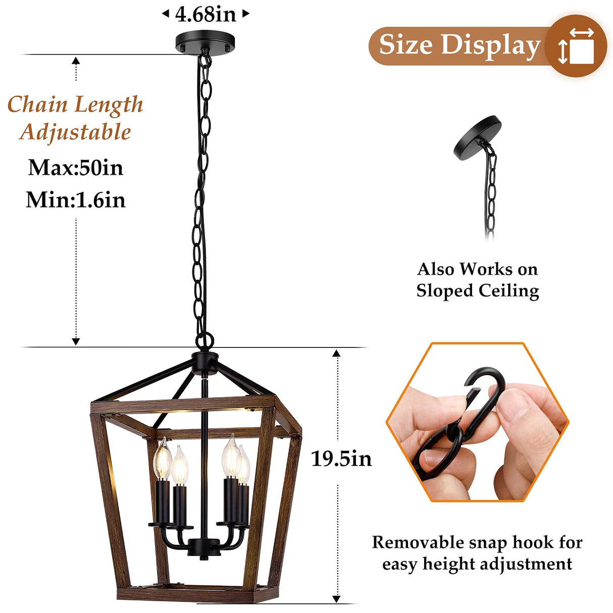 Farmhouse Chandelier Light Fixture for Kitchen Dining Room, 4-Light Rustic Pendant Hanging Ceiling Light Height Adjustable in Oak Wood Finish, Cage Lantern Lighting with E12 Base for Hallway Foyer BrightHome