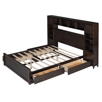 Queen Storage Platform Bed with Bookcase Headboard and Drawers in Espresso - WoodArtSupply