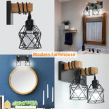 Farmhouse Vanity Light Fixture,2-Light Bathroom Lighting,Black Industrial Wood Wall Light Over Mirror with Metal Shade,LED Bulbs Included vivihobb