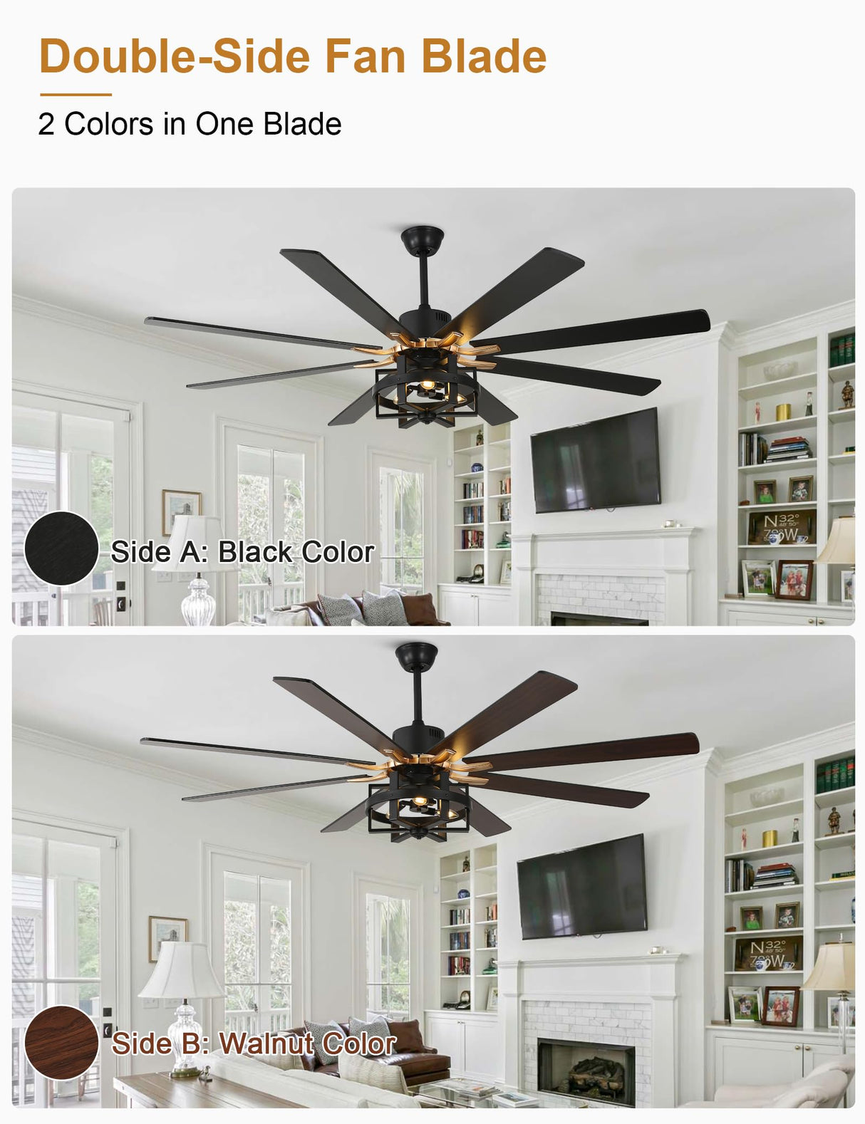 Curve Curio 65'' Black Ceiling Fan with Light, Large Industrial Ceiling Fans with Remote Control, 6-Speed Farmhouse Ceiling Fan with Remote for Bedroom Living Room (Black) Curve Curio
