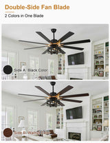 Curve Curio 65'' Black Ceiling Fan with Light, Large Industrial Ceiling Fans with Remote Control, 6-Speed Farmhouse Ceiling Fan with Remote for Bedroom Living Room (Black) Curve Curio