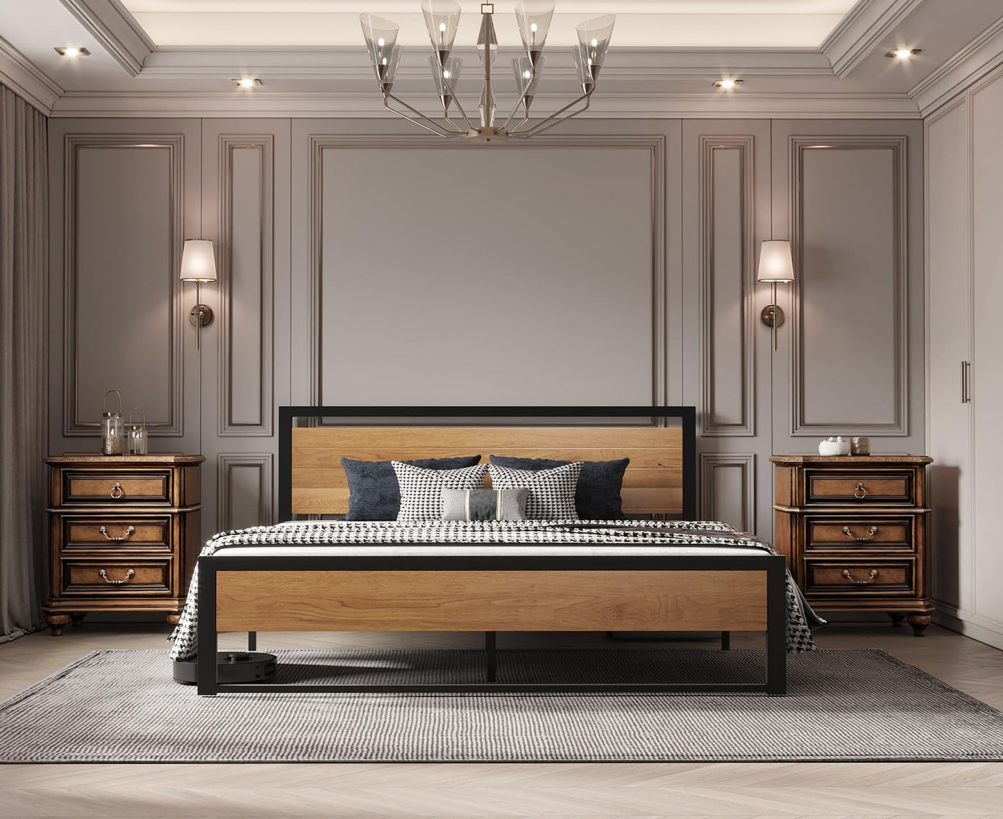 BONSOIR Queen Size Steel Platform Bed Frame with Wooden Headboard and Footboard - WoodArtSupply