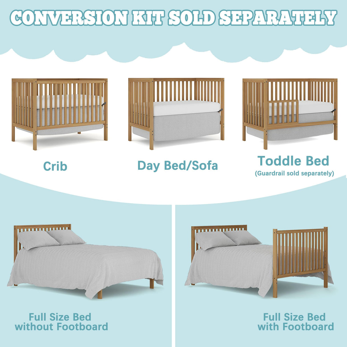 Saylike Baby Crib 5-in-1 Convertible, Wood Full Size Toddler Bed for Small Baby, Made of Sustainable Natural Pinewood Cribs, Non-Toxic Finish, Simplistic Nursery Furniture (Natural) Saylike