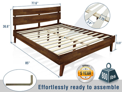 Acacia Aurora Wooden Bed Frame with Headboard, Solid Wood Platform Bed with Wood Slat Support, No Box Spring Needed, King (U.S. Standard), Chocolate, 14 Inch, V1