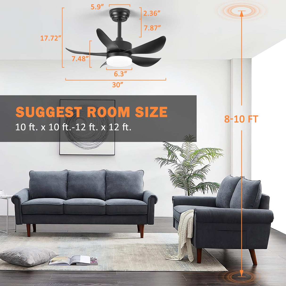 RHEAFON Ceiling Fans with Lights and Remote,30 Inch Smart Ceiling Fan,Reversible,Noiseless,Small Black Ceiling Fan for Bedroom Kitchen Indoor/Outdoor Patio RHEAFON