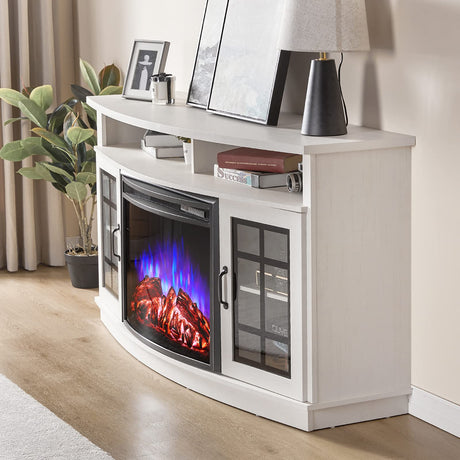 AMERLIFE Curved Fireplace TV Stand with 26'' Electric Fireplace, Media Entertainment Center Farmhouse Glass Door Storage Cabinet, Open Shelve Console Table for TVs up to 65'', Distressed White AMERLIFE