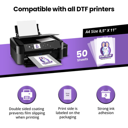 Vintalie DTF Transfer Film – A4 (8.5”x11”)50 Sheets Matte Double Sided DTF film for Epson/Inkjet printers,Heat Transfer Paper for light and dark fabrics,Direct to Film for sublimation