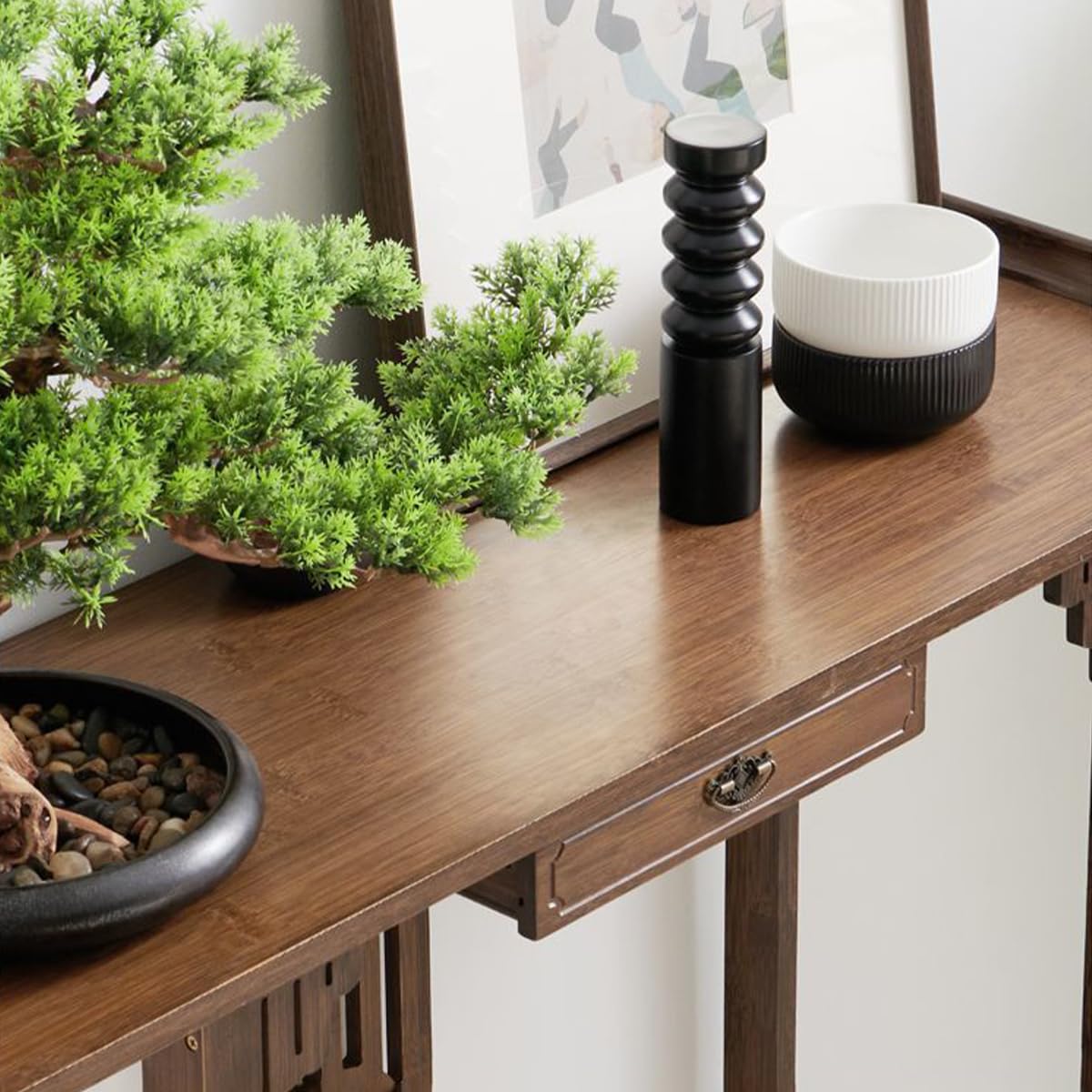 Gdrasuya10 Japanese Style Walnut Bamboo Console Table – Vintage Entryway Sofa Table with Drawer (40 inch) Gdrasuya10