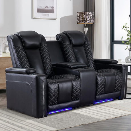 EBELLO Home Theater Seating, Electric Power Loveseat Recliner with USB Ports and Cup Holders, Breathable Faux Leather Dual Recliner with Hidden Arm Storage, for Living Room, Black EBELLO