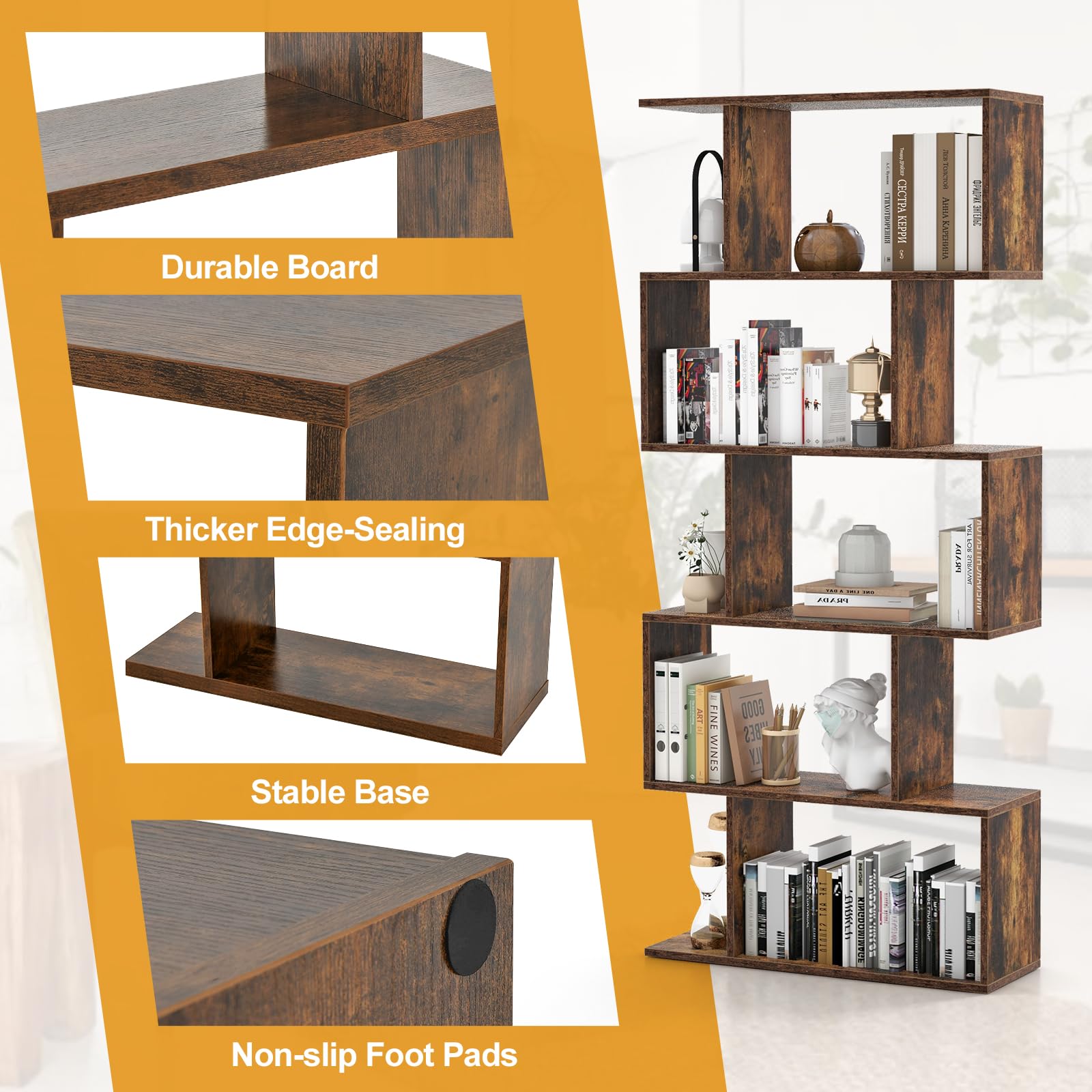 Tangkula 5-Tier S-Shaped Bookshelf - Rustic Brown Geometric Display & Room Divider - WoodArtSupply