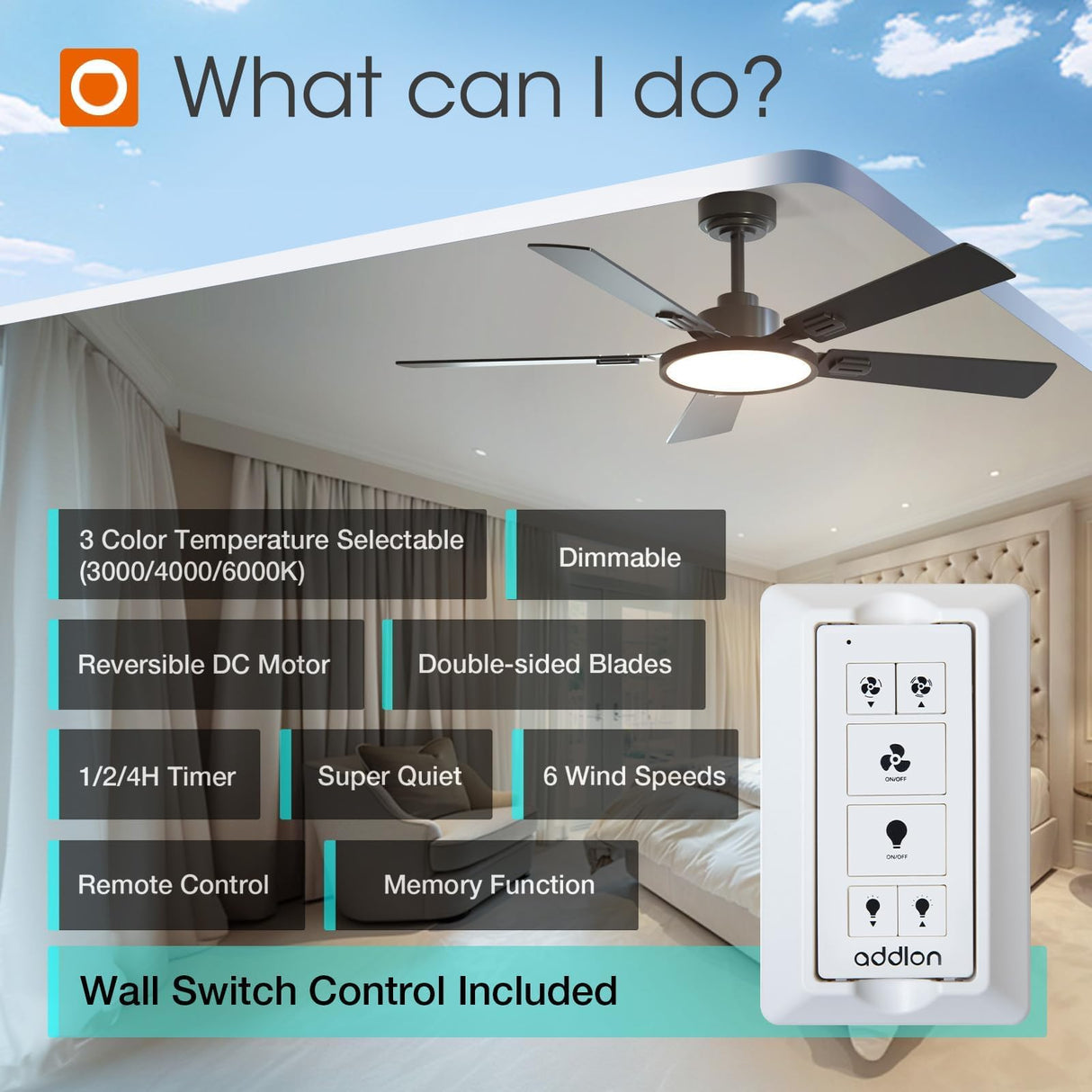 addlon Ceiling Fans with Lights, 52 inch Black Ceiling fan with Light and Remote Control, Reversible, 3CCT, Dimmable, Noiseless, Ceiling Fan for Bedroom, Farmhouse, living room, Indoor/Outdoor Use addlon