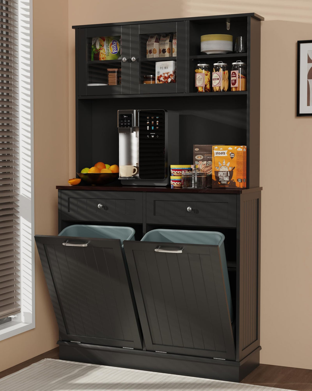 YOCONYO Double Tilt Out Trash Cabinet Storage Cabinet 20 Gallon with Two Solid Wood Hideaway Trash Holder Drawers, Dual Wooden Free Standing Recycling Cabinets Trash Can Bin Kitchen (Black) YOCONYO