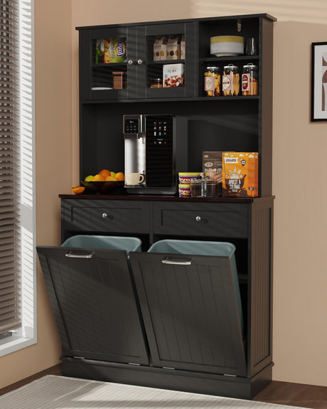 YOCONYO Double Tilt Out Trash Cabinet Storage Cabinet 20 Gallon with Two Solid Wood Hideaway Trash Holder Drawers, Dual Wooden Free Standing Recycling Cabinets Trash Can Bin Kitchen (Black) YOCONYO