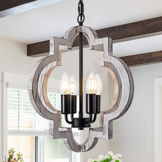 lighceac 4-Light 15" Farmhouse Orb Chandelier Rustic Handmade Distressed White Wood Hanging Ceiling Pendant Light Fixture Wood Lantern Chandeliers for Dining Room Kitchen Bedroom Foyer Hallway