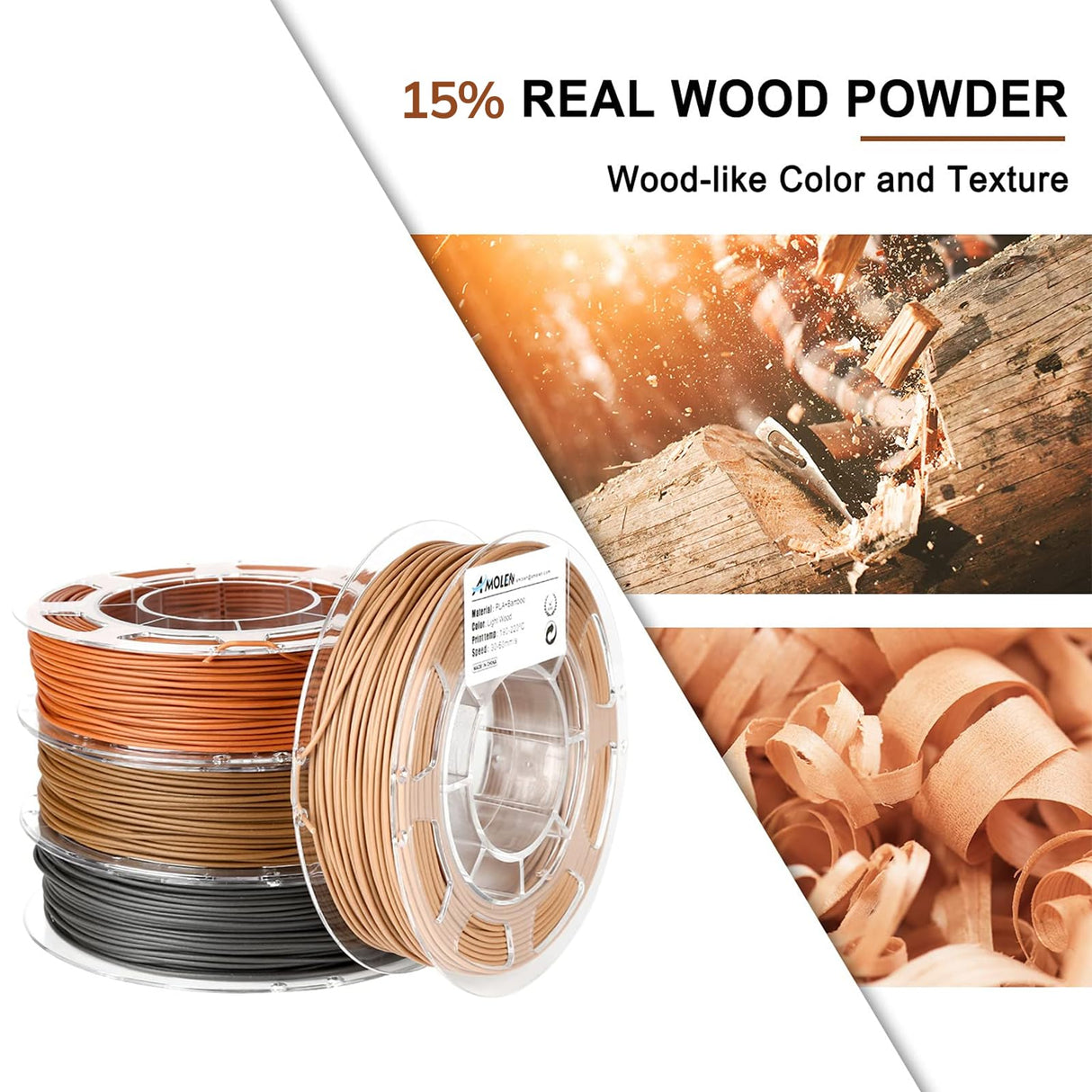 AMOLEN Wood Filament Bundle 3D Printing Filament Wood Sets,Walnut,Cherry Wood,Bamboo Wood,Ebony Black Wood,3D Printer Filament,PLA Filament 1.75mm,200g/Spool AMOLEN