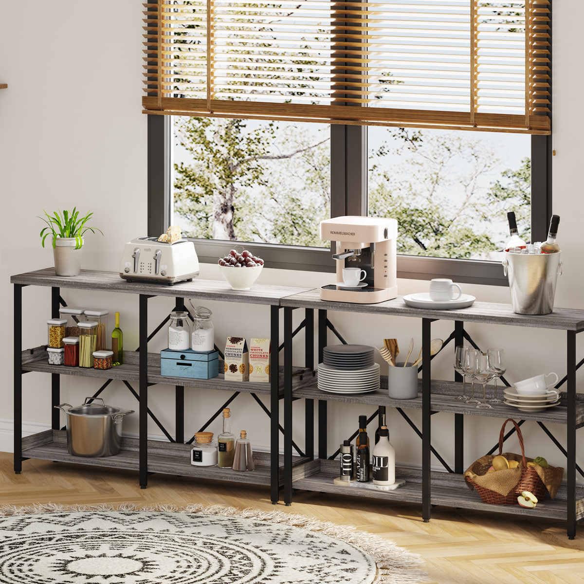 BON AUGURE Dark Grey Oak Industrial Sofa Console Table with 3 Tiers and Hooks BON AUGURE