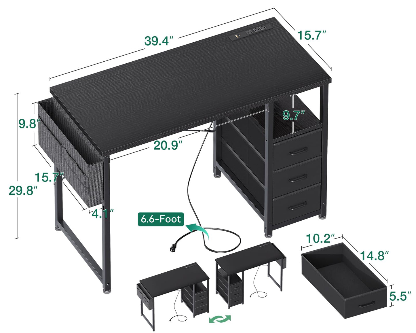 AODK 32-Inch Small Computer Desk with Fabric Drawers and Charging Station, Kids Girls Teen Study Writing Desk for Bedroom, Home Office Desk with Storage Shelf & Bag, Vanity Table for Small Space,Black