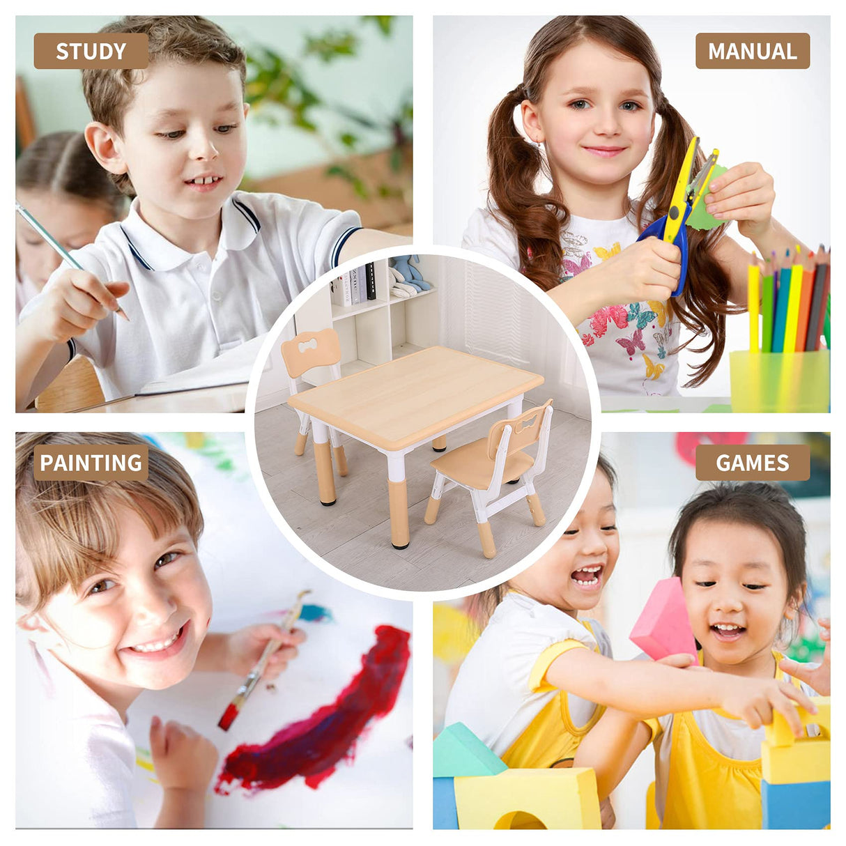 UNICOO - Kids Study Table and Chairs Set, Height Adjustable Plastic Children Art Desk with 2 Seats, Multi Activity Table Set (Maple TOP with Natural UNICOO