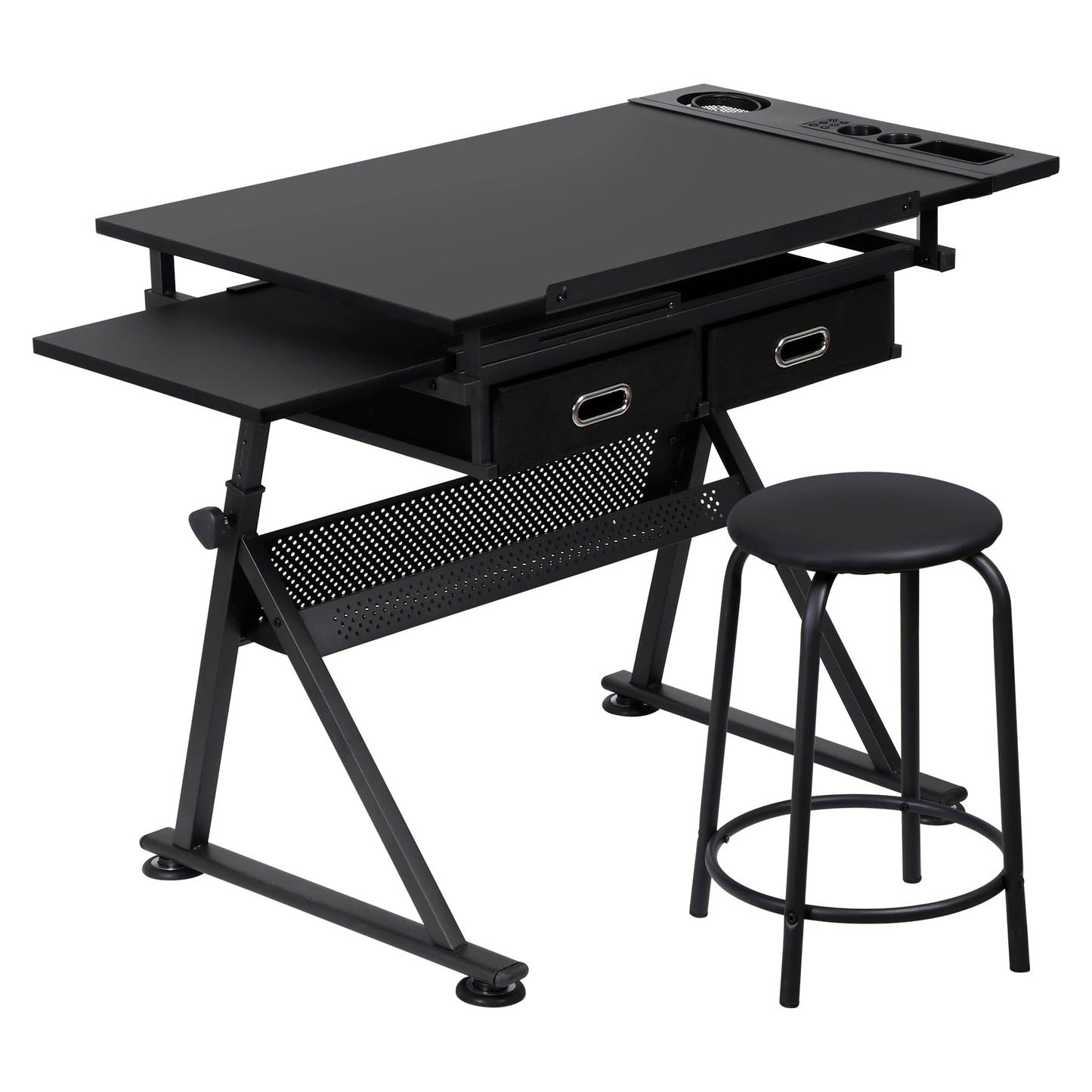 ZENY Adjustable Drafting Table with Stool, Tilting Drawing Desk Artist Table with Storage Drawers, Art Craft Workstation for Home Office Reading, Writing, Crafting