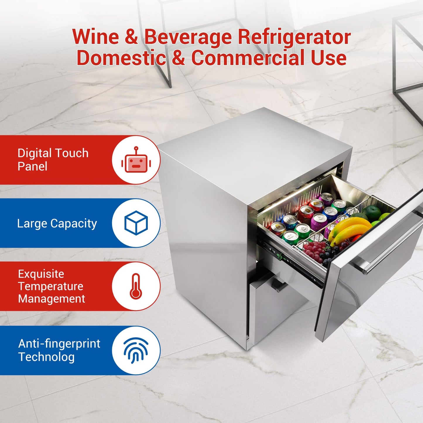 Garvee 24 inch Undercounter Refrigerator, 5.12 Cu.Ft Outdoor Fridge for Patio, Wine and Beverage Refrigerator, Drawer Refrigerator Under Counter Fridge Ideal for Home and Commercial (Silver)