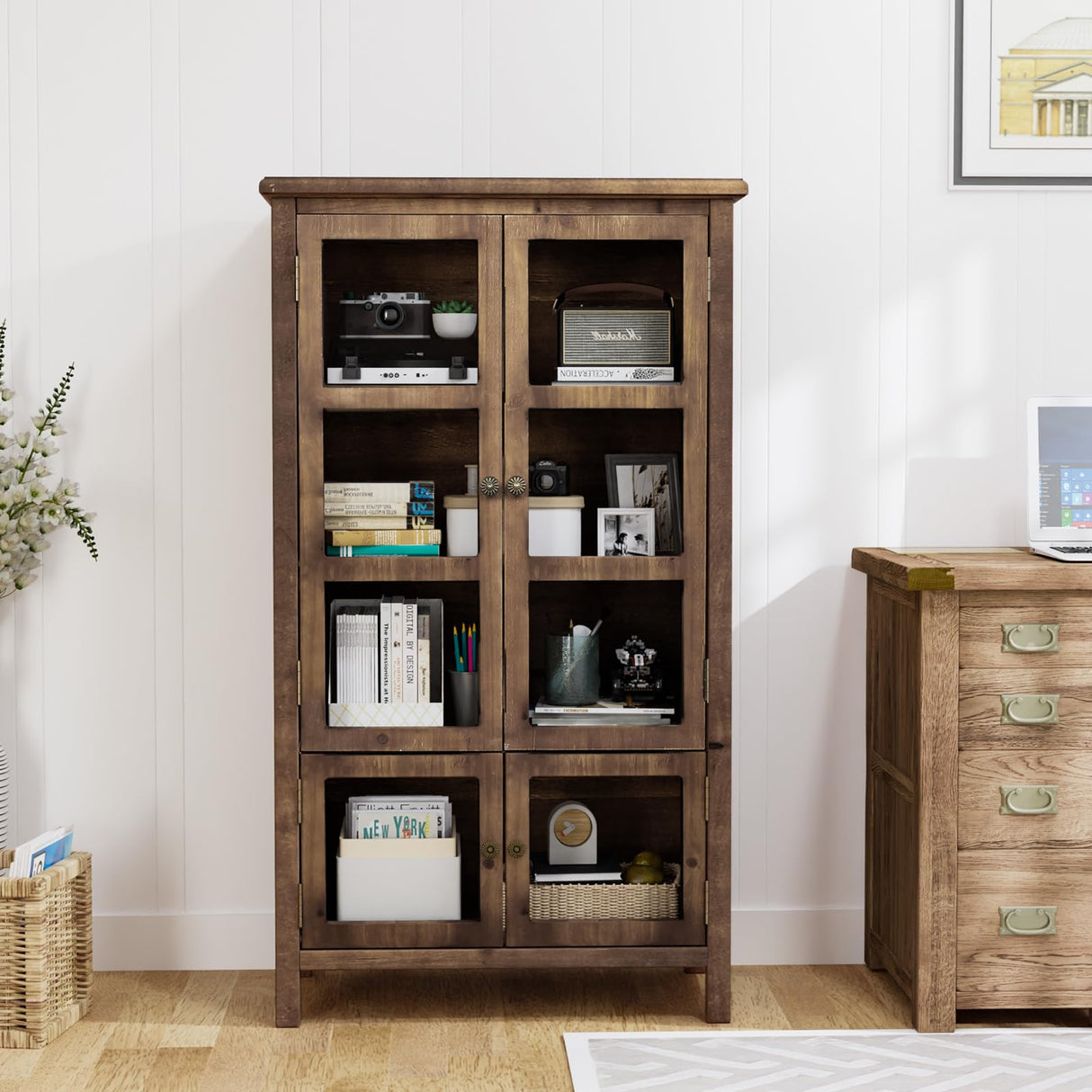 VINGLI Storage Cabinet,Display Cabinet with Glass Doors, Glass Door Cabinet, Rustic Storage Cabinet with Doors and Shelves, Showcase Display Cabinet with Cedar Wood Finish, Walnut VINGLI