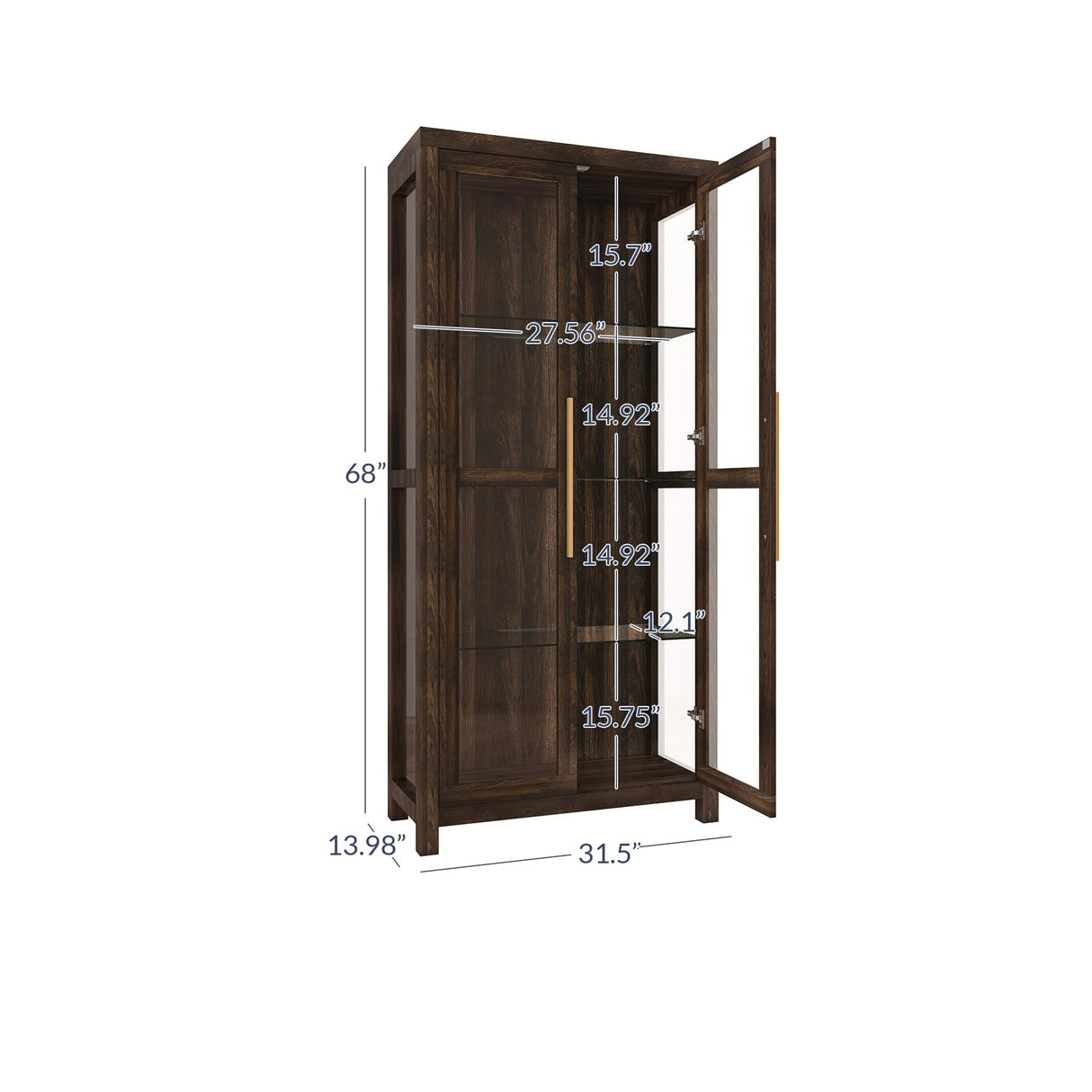 BELLEZE Storage Cabinet, Tall Bookshelf or Display Cabinet for Living Room Bedroom, Curio Cabinet with Tempered Glass Doors, Trophy Display Case, Storage/Organization - Avalon (Dark Walnut) BELLEZE