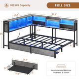 Hasuit Full Corner Bed Frame with Storage Bookcase, Full Size Daybed with 2 Underneath Storage Drawers, Kids Bed Unit with Charging Station and LED Light, Modern Teenagers Bedframe, Oak Gray Hasuit