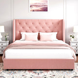 HOMBCK Queen Bed Frame, Upholstered Bed Frame with Headboard, Pink Queen Bed Frame, Wide Wingback, Soft Velvet Bed Frame, No Box Spring Needed, Noise Free, Easy Assembly, Pink HOMBCK