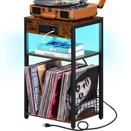 LELELINKY Brown Record Player Stand with LED Light & Charging Station LELELINKY