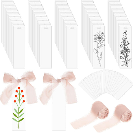 Yeaqee 100 Pcs Acrylic Bookmark Blanks Clear Acrylic Bookmarks Acrylic Tags with 2 Rolls Ribbon DIY Craft Transparent Bookmark for Reading Lovers for School Presents(4.7 x 1.3 Inch,Light Pink) Yeaqee