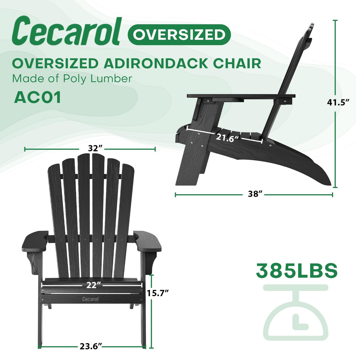 Cecarol Oversized Adirondack Chair Plastic, Outdoor Fire Pit Chair with Cup Holder, Adirondack Patio Chair Weather Resistant for Outside, Porch, Lawn, Garden- AC01, Black(Wood Grain) Cecarol