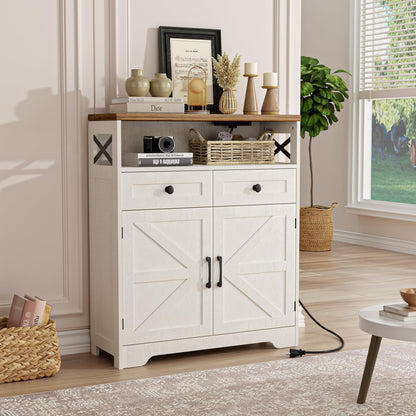 31.5" White Storage Cabinet with Doors & Drawers, Farmhouse Sideboard Buffet Cabinet with Storage, Kitchen Pantry Hutch Cabinet, Coffee Bar Cabinet Table Station for Kitchen, Livingroom, Dining Room