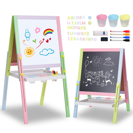 Woodenland Art Easel for Kids, Wooden Magnetic Chalkboard & Whiteboard with 59 Accessories, Height Adjustable and Foldable Kids Easel for Toddlers 2-8