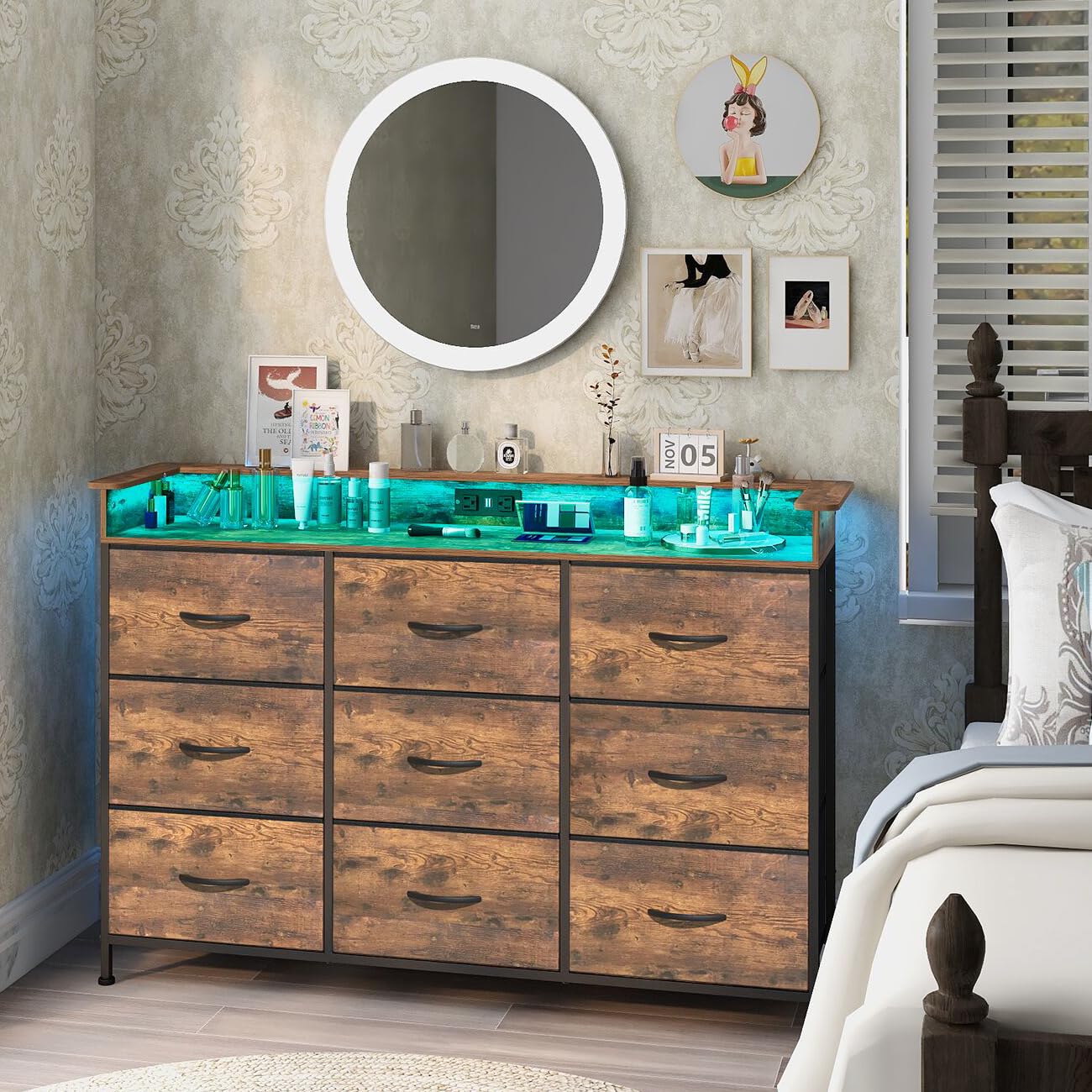 EXOTICA Industrial Dresser for Bedroom with Charging Station and LED Light Fabric Storage Dresser with 9 Fabric Drawers Chest of Drawers for Closet Hallway Sturdy Steel Frame Wooden Top