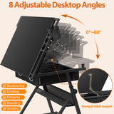 JupiterForce Drafting Table Art Desk w/Power Outlet and Stool, Adjustable Tilting Drawing Table Artist Desk with 2 Storage Drawers, Art Craft Work Station for Home Office Working, Writing, Crafting JupiterForce