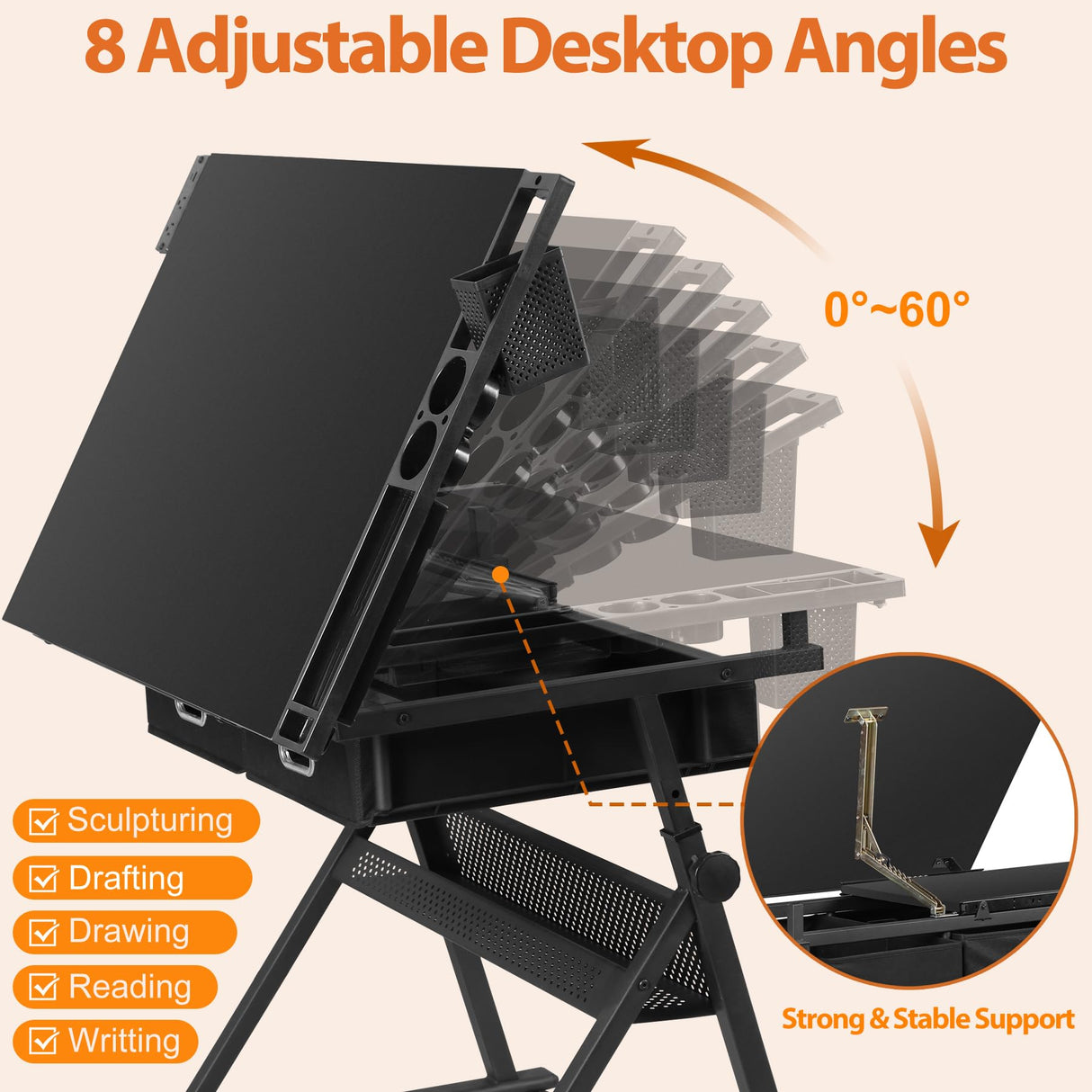SUPER DEAL Adjustable Drafting Table Set with Charging Station, Tilting Drawing Desk Artist Desk with Stool Multifunctional Art Craft Workstation with 2 Storage Drawers for Home Office School SUPER DEAL