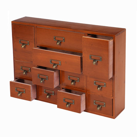 12-Drawer Vintage Wooden Storage Box, Traditional Desktop Apothecary Curio Cabinet, Library Desk Drawer w/Label Holders Handles, Multi Level Countertop Arts and Craft Organizer (Brown) BAITGMYING