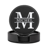Bosajewel Personalized Coaster Set 6 Monogrammed Coasters for Drinks with Holder Custom Name Coffee Table Bar Beer Wine Cup Coasters Black Leather Coasters for Men Women Home Modern Coasters Gift Bosajewel