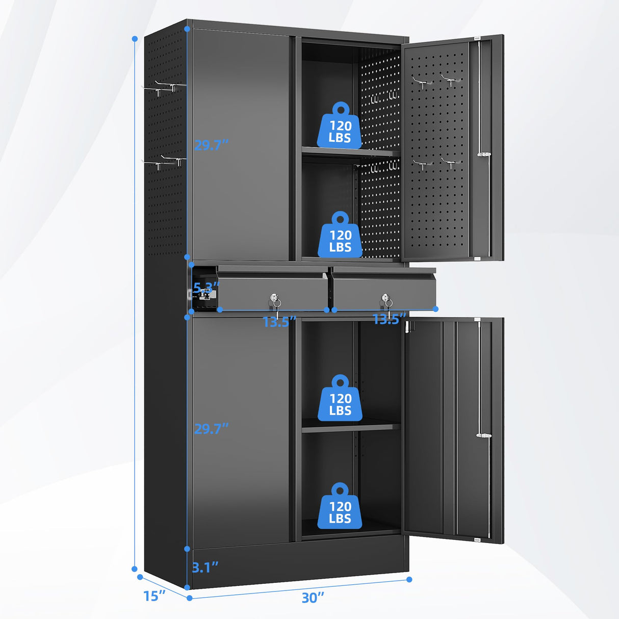 JAORD Metal Storage Cabinet with 2 Drawers and Pegboard, Garage Storage Cabinet with Locking Doors and 2 Adjustable Shelves, 71" H Steel Cabinets for Garage, Home, Office, School, Black JAORD