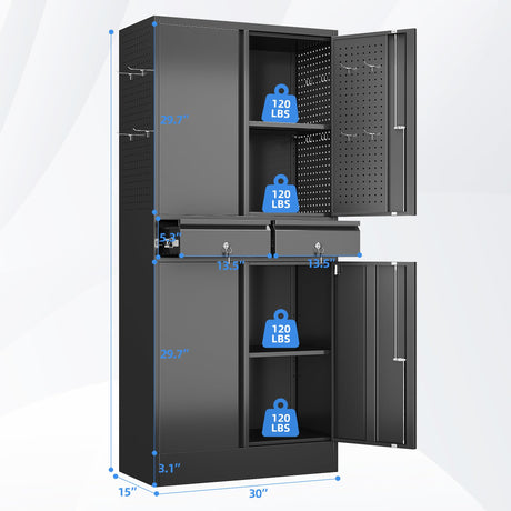 JAORD Metal Storage Cabinet with 2 Drawers and Pegboard, Garage Storage Cabinet with Locking Doors and 2 Adjustable Shelves, 71" H Steel Cabinets for Garage, Home, Office, School, Black JAORD