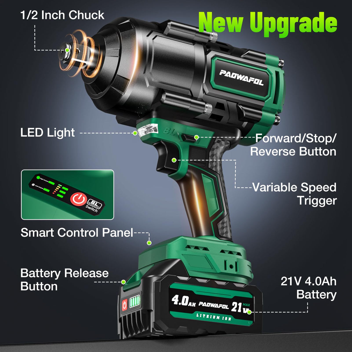 Paowafol 1200N.m(900ft-lbs) Cordless Impact Wrench, High Torque 1/2" Impact Gun with 2* 21V 4.0AH Battery, Fast Charger, 5 Sockets & Storage Case, Brushless Pistola De Impacto for Home Car Truck Tires PAOWAFOL