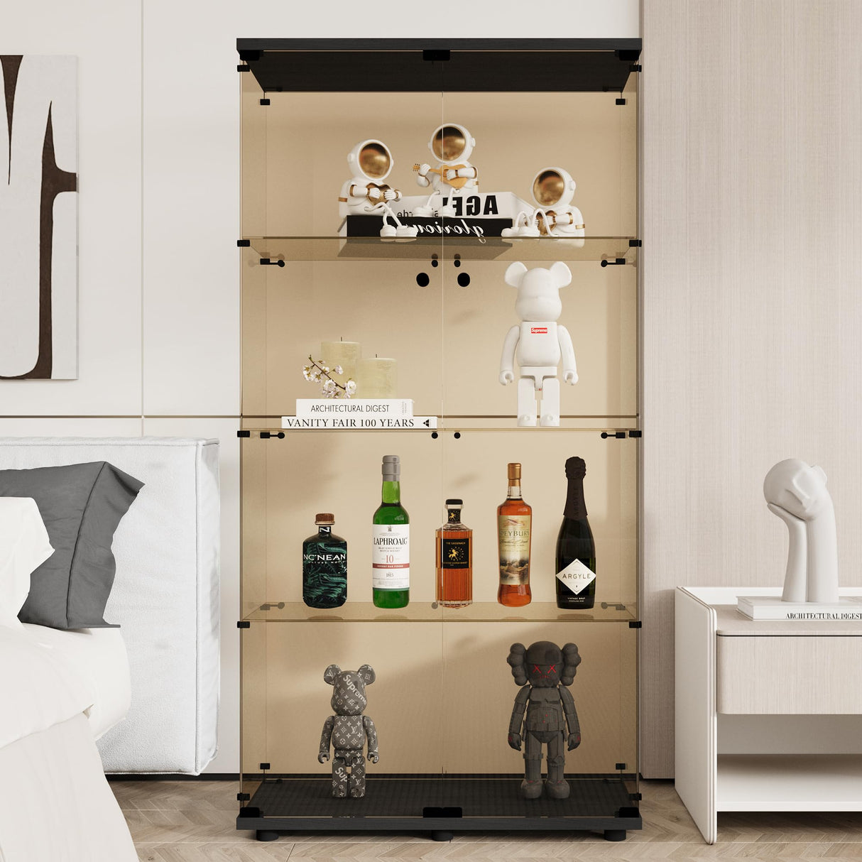 LFT HUIMEI2Y 4-Shelf Brown Glass Display Cabinet with Double Doors, Curio Cabinets Tempered Glass Floor Standing Bookshelf for Bedroom, Kitchen, Living Room 64”x 17”x 14.5” Black LFT HUIMEI2Y