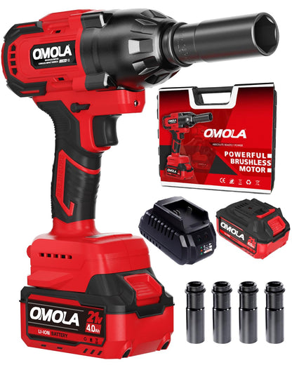 OMOLA Cordless Impact Wrench,1/2 impact gun，700 Ft-lb（950NM） High Torque 3200 RPM,with a 15C 21V 4.0Ah Li-Ion Battery, Fast Charger,Brushless motor，4 Sockets,Electric Impact Wrench for Car Tr - WoodArtSupply