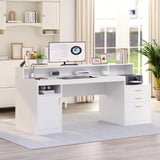 YOMILUVE Computer Desk with 3 Drawer & Storage Shelves, Home Office Desk with File Drawer & Cabinet, Writing Study Table with Long Monitor Stand & Printer Shelf, Executive Desk, White YOMILUVE