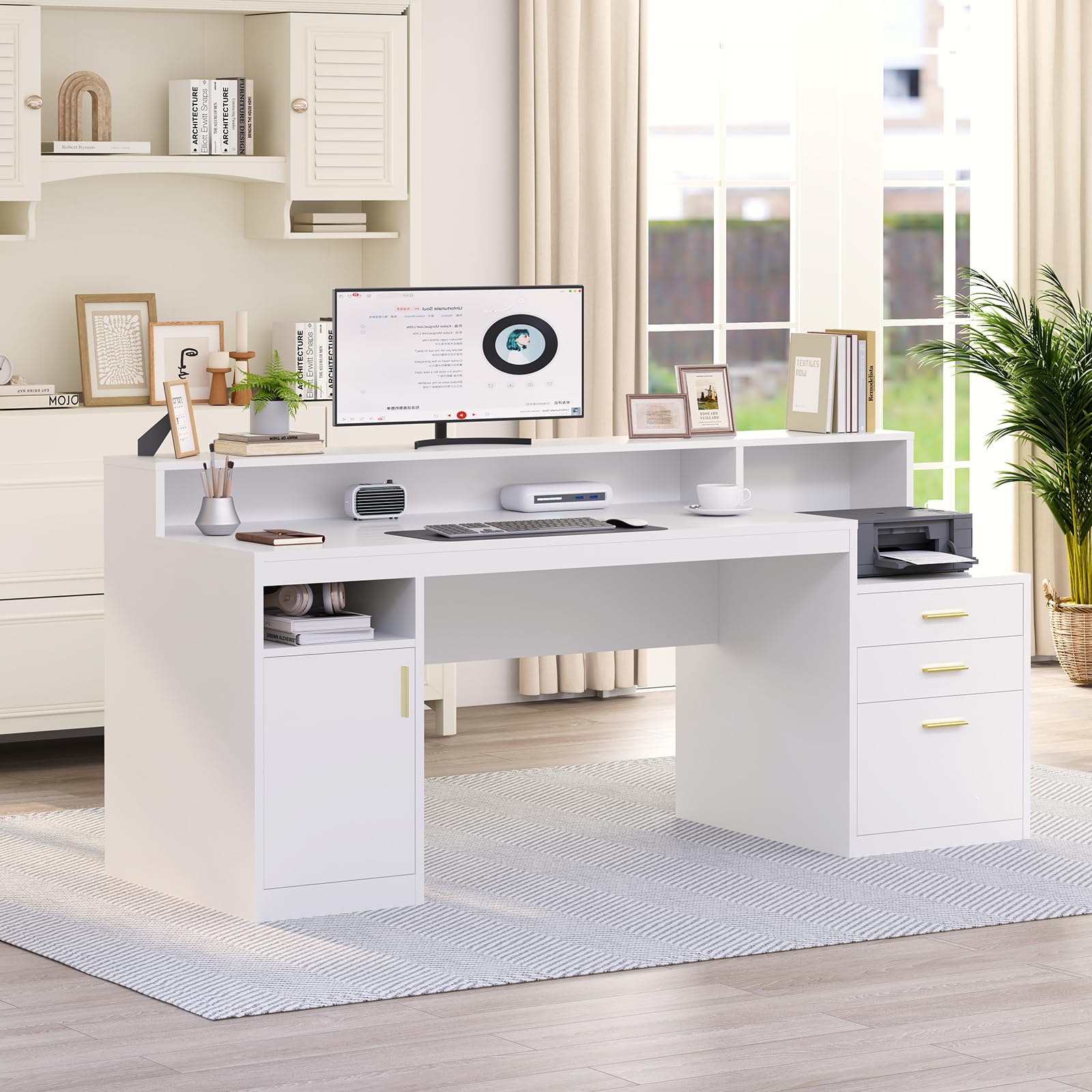 YOMILUVE Computer Desk with 3 Drawer & Storage Shelves, Home Office Desk with File Drawer & Cabinet, Writing Study Table with Long Monitor Stand & Printer Shelf, Executive Desk, White - WoodArtSupply