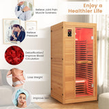 COSTWAY 1-2 Person Far Infrared Wooden Sauna Room, Canadian Hemlock Indoor Low EMF Sauna with Oxygen Ionizer, 9 Carbon Heaters, 4 Light Strips, Tempered Glass Door, Personal Sauna for Home COSTWAY